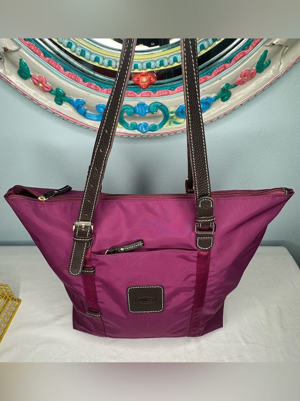 Women's Plum Tote Bag with Brown Leather Straps